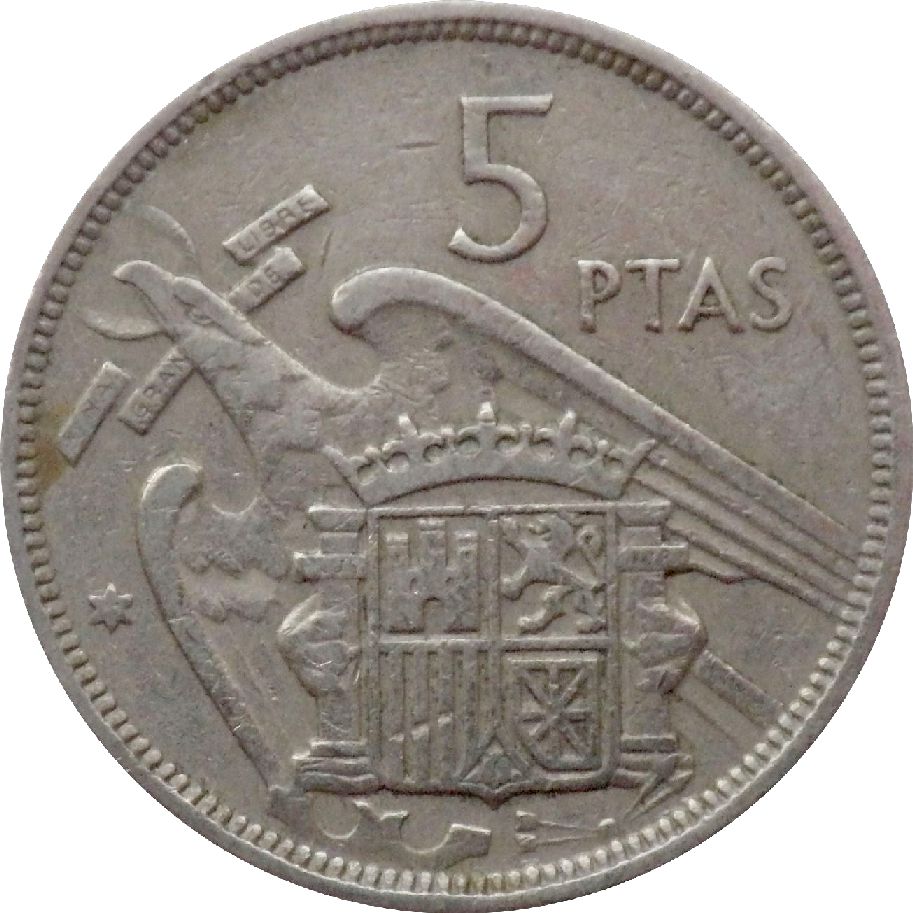 монета 5 песет Іспанія, 1957 — зображення 1